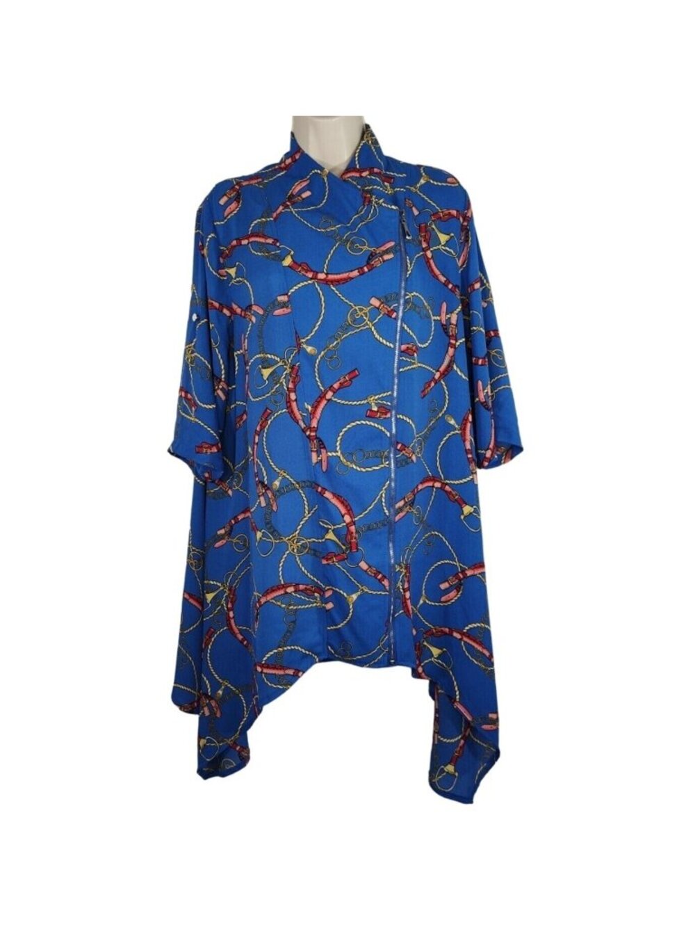 Feratelli Blue Equestrian Zip Tunic Top High Neck Women Size L 3/4 Slv Y2K FLAW